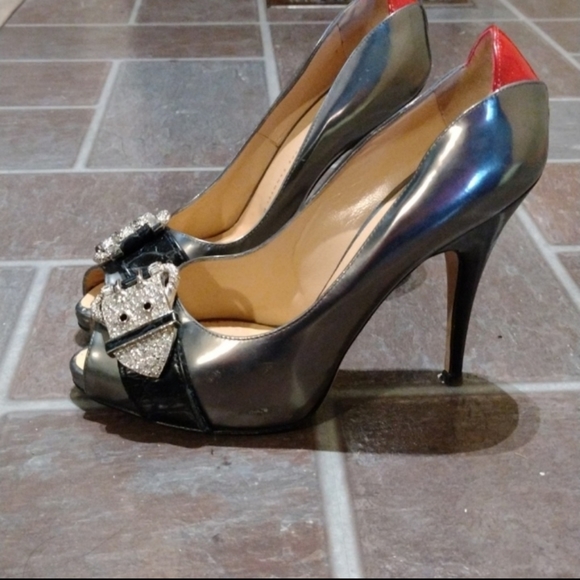 Giuseppe Zanotti crystal buckle embollised gun metal grey red platform pump 39 - Picture 2 of 10